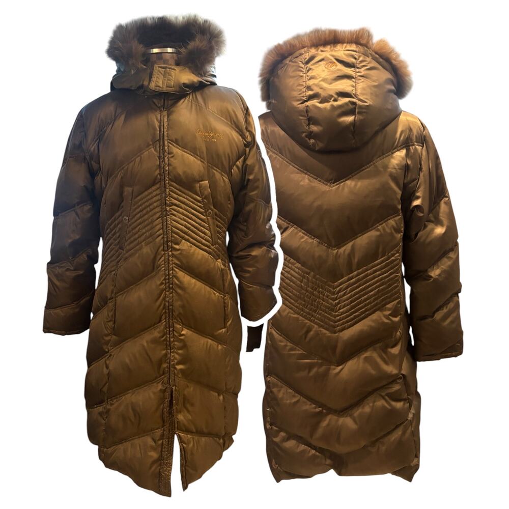 Y2K Pepe Jeans 2XL Chocolate Brown Down Feather Long Puffer Coat Faux Fur Hood